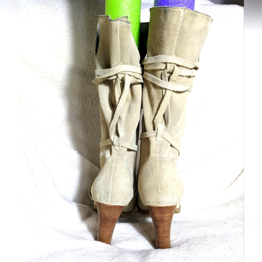 Women's CANDIE'S Cream Suede Heeled Boots, Suede Strap Wrap| Size‎ 9 - Picture 7 of 9